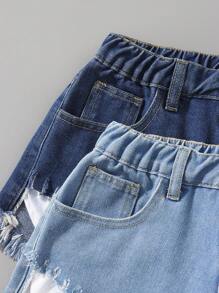 Teen Girl Summer Casual Fringe Hem Washed Denim Shorts With Elastic Waistband