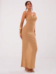 MUSERA Sheer Asymmetrical Neck Maxi Dress Summer, Beach, Sexy - Apricot - View 3