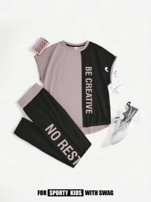SHEIN Conjunto de dos piezas para niña preadolescente compuesto por camiseta de manga corta tejida con bloque de color y letra impresa y pantalones largos deportivos para el ocio - Púrpura polvoriento - Ver 8