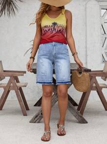 SHEIN LUNE Quần short denim có viền thô rách cho trang phục hàng ngày - Màu xanh lam - Xem 4