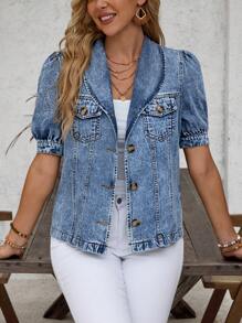 SHEIN LUNE Shawl Collar Flap Pocket Denim Jacket - Blue - View 4