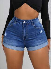 SHEIN SXY Cộng với quần short denim cạp cao rách viền cuộn - Màu xanh lam - Xem 1