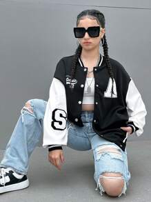 SHEIN Teen Girl Letter Graphic Two Tone Drop Shoulder Varsity Jacket,In Fall/Winter - Black and White - View 10