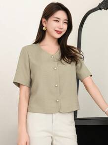 DAZY Áo khoác cổ tròn ngắn tay thường ngày dành cho nữ, Xuân/Hè - Màu xanh Bạc hà - Xem 4