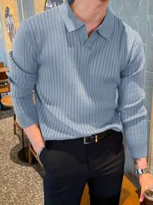 DAZY 男士秋季休闲纯色罗纹针织毛衣商务装 - 藍色 - 查看 4