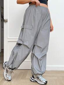 SHEIN EZwear Women's Plus Size Reflective Parachute Material Cargo Parachute Baggy Pants - Grey - View 6