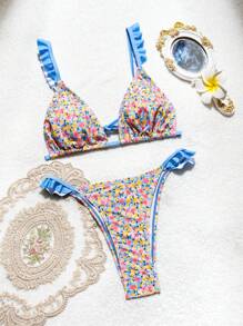 SHEIN Swim Women's Summer Beach Ditsy Floral Ruffle Trim Sexy Bikini Set, Random Print - Multicolor - View 3