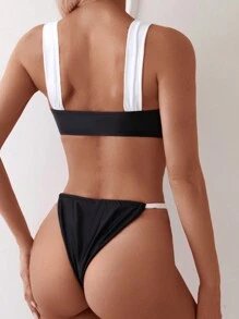 SHEIN Swim Women's Summer Beach Contrast Color Ruched Sexy Bikini Set - Black and White - View 4