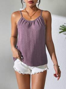 SHEIN LUNE Áo hai dây xếp li thông thường màu trơn mùa hè dành cho nữ - Màu tím hoa cà - Xem 3