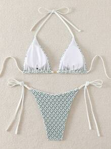 Swim Mod Ditsy Floral Print Halter Triangle Bikini Set Summer - Green - View 2