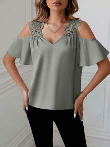SHEIN Clasi Solid Color Lace Patchwork Open Shoulder Women's Summer Blouse - Olive Green - View 4