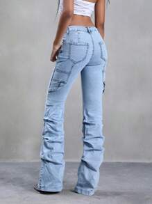 Jeanoix Pantalones vaqueros acampanados de tiro alto con pliegues, de estilo vintage, con bolsillos, para mujer - Lavado ligero - Ver 2