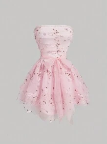 SHEIN MOD Váy nữ kiểu bánh nhiều lớp thêu lưới màu hồng, thắt eo, viền nhiều lớp, quần áo Halloween, trang phục lễ hội, váy dự tiệc, váy suông, trang phục lễ hội Rave, váy ống, váy, váy trang trọng cưới - Hồng - Xem 1