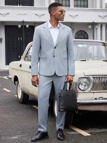 Manfinity Bizformal Men's Spring Autumn Commuter Herringbone Pattern Suit Set, Including Coat And Trousers - Grey - View 5