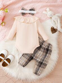 SHEIN Baby Girl Cute And  Ruffle Bodysuit With Checkered Bowknot Pants Set, Spring/Fall, With Headband - Multicolor - View 2