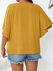 SHEIN LUNE 大碼夏季休閒寬鬆蝙蝠袖襯衫，胸前鈕扣裝飾 - 黃色 - 查看 2