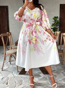 SHEIN Clasi 加大碼花卉印花燈籠袖腰帶連身裙 - 白色 - 查看 6