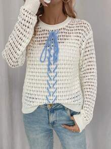 SHEIN LUNE Áo len dệt kim kiểu pointelle, buộc dây phía trước, vai rớt, thích hợp mặc mùa thu đông. - trắng - Xem 3