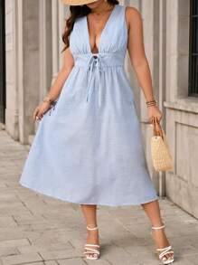 SHEIN Frenchy Women's Blue Striped V-Neck Tie Sleeveless Vest Dress, Striped Dresses, Blue Summer Dresses, Women's Dresses, Fitted Skinny Mid-Length Commuter Dresses Summer Women Dresses - Blue - View 1