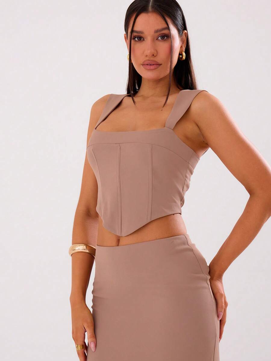 MUSERA Áo croptop cổ vuông dáng corset, thích hợp cho kỳ nghỉ xuân hè. - màu nâu - Xem 1