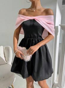 Zolique Vestido sencillo diario de hombros descubiertos de bloque de color para mujeres - Negro - Ver 1