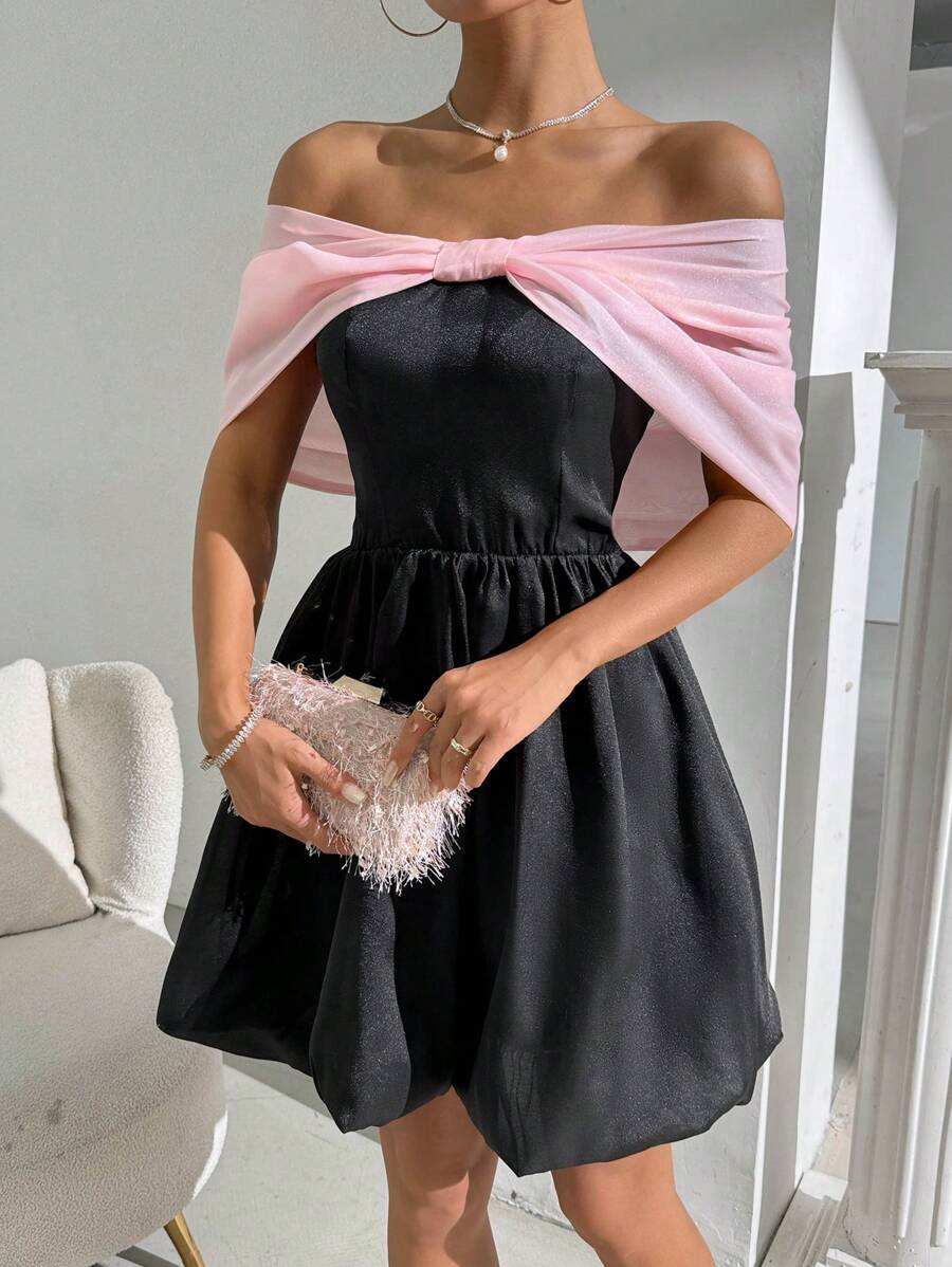 Zolique Vestido sencillo diario de hombros descubiertos de bloque de color para mujeres - Negro - Ver 1
