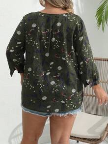 Blusa de talla grande con estampado floral en estilo retro para mujeres - Verde - Ver 3