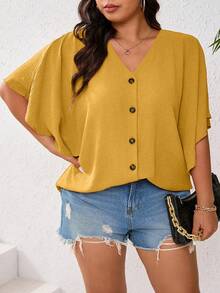 SHEIN LUNE 大碼夏季休閒寬鬆蝙蝠袖襯衫，胸前鈕扣裝飾 - 黃色 - 查看 8
