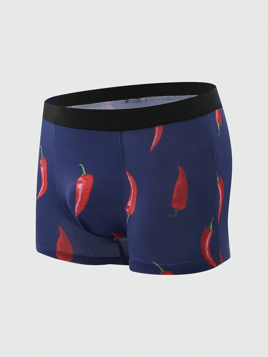 Men Chili Print Contrast Tape Boxer Brief - Black - View 1
