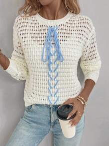 SHEIN LUNE Áo len dệt kim kiểu pointelle, buộc dây phía trước, vai rớt, thích hợp mặc mùa thu đông. - trắng - Xem 4