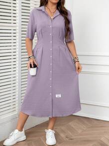 SHEIN LUNE Plus Size Solid Color Single Breasted Textured Fabric Short Sleeve Women's Dress - Mauve Purple - View 6