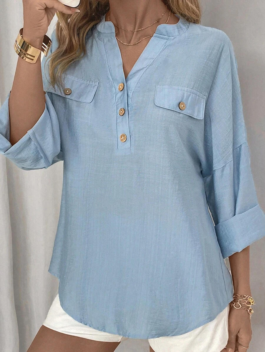SHEIN LUNE Half Button Drop Shoulder Blouse - Blue - View 1