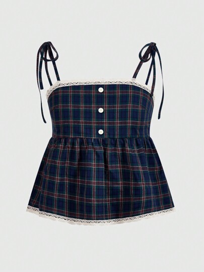 Academia Vintage Sexy Plaid Buttoned Camisole With Ribbon, Bowknot, Lace And Flower Edges, Plus Size Women's Tank Top, School