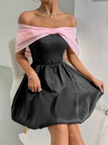 Zolique Vestido sencillo diario de hombros descubiertos de bloque de color para mujeres - Negro - Ver 6