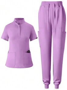 Women's Matte Elastic Jogging Uniform, Nursing Scrub, Hand Washing, Breathable Brushed Clothing, With Pockets Set - Mauve Purple - View 1