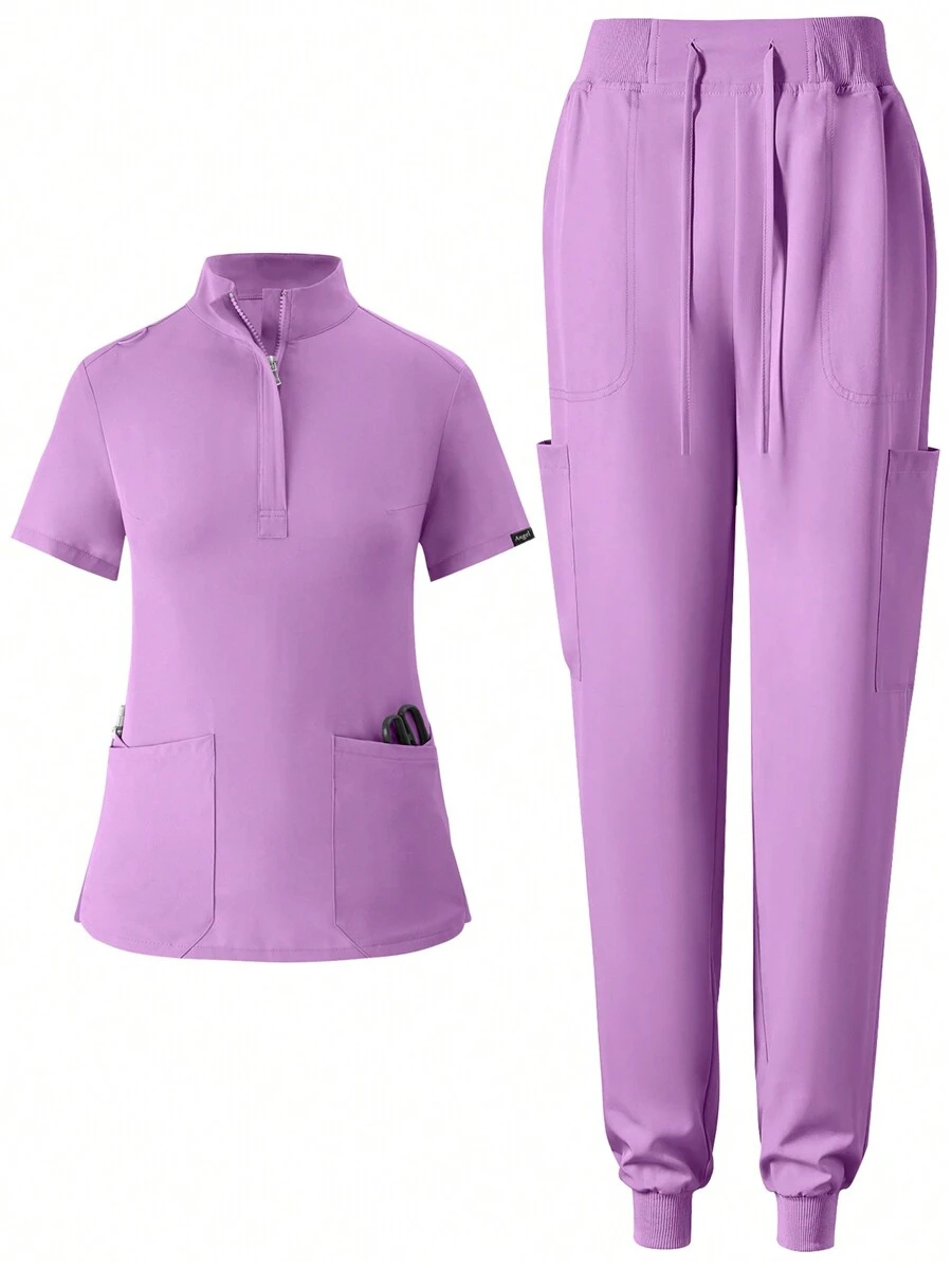 Women's Matte Elastic Jogging Uniform, Nursing Scrub, Hand Washing, Breathable Brushed Clothing, With Pockets Set - Mauve Purple - View 1