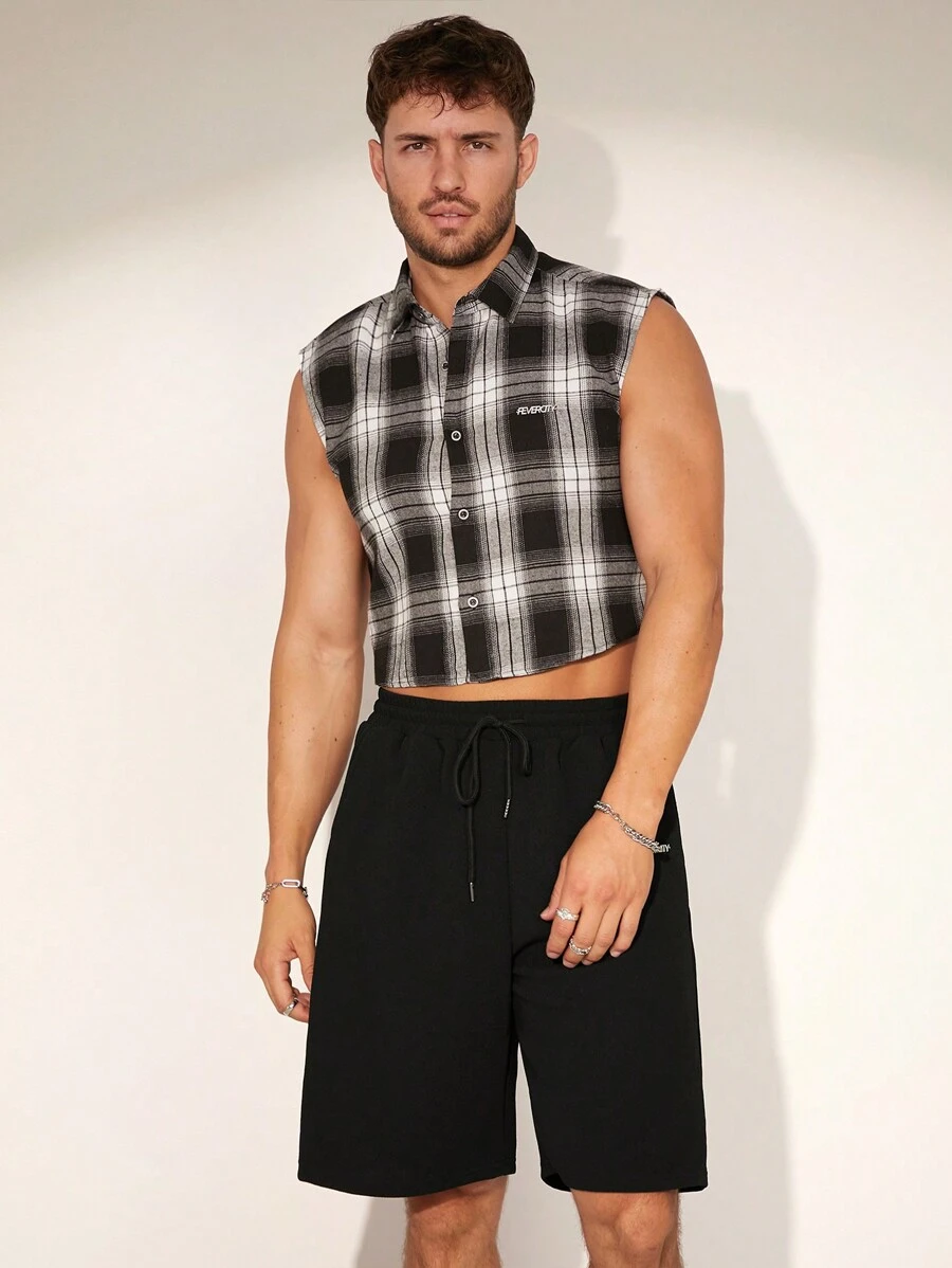 FeverCity 男式寬鬆格子無袖襯衫套裝，適合夏季 - 彩色 - 查看 1