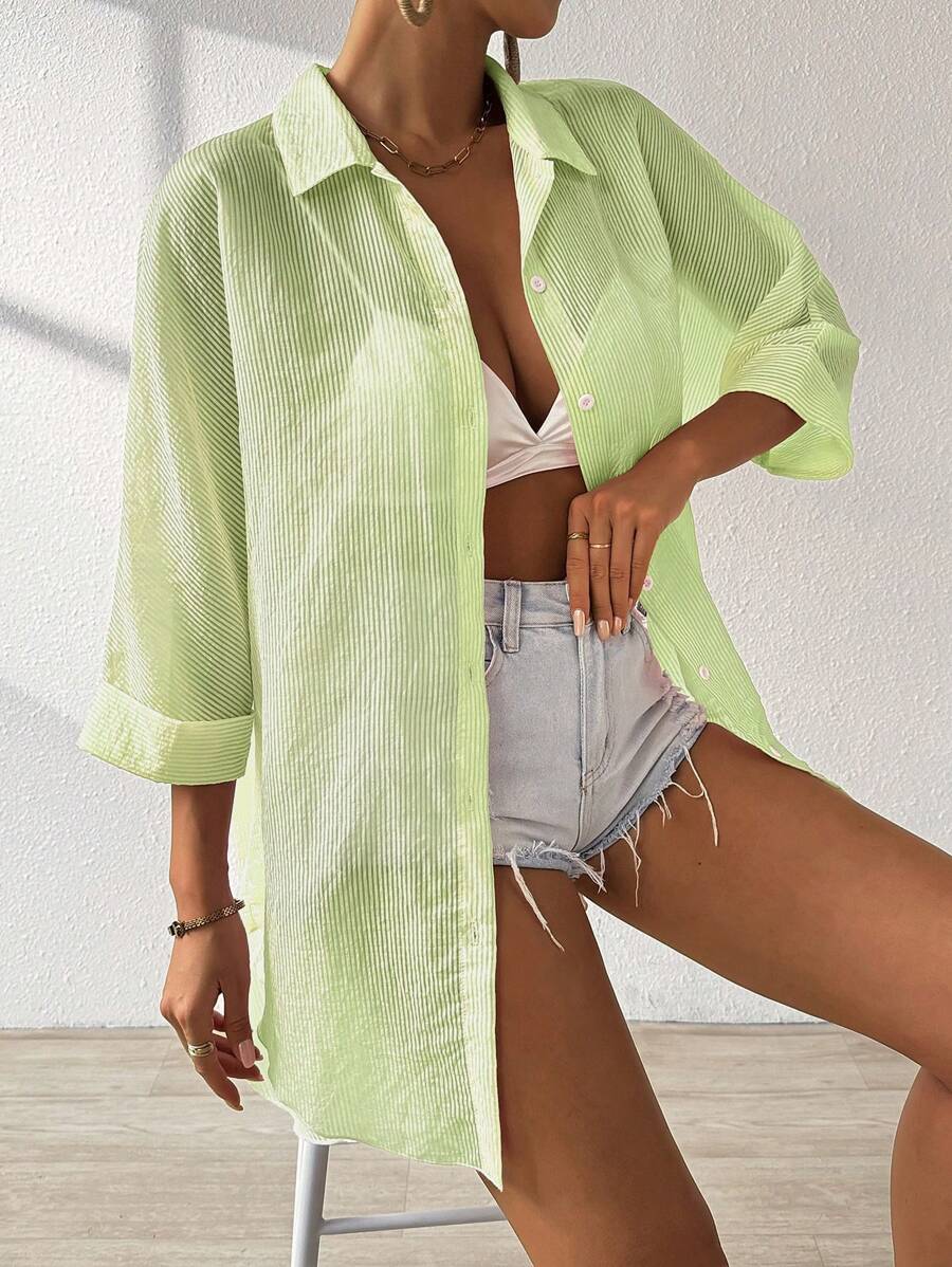 SHEIN Essnce Solid Button Front Kimono Summer - Mint Green - View 1