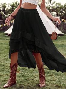 SHEIN VCAY Women's Vacation Solid Color Asymmetric Lace Hem Skirt With Ruffle Detail - Black - View 4