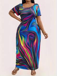 Maweii Vestido maxi de manga corta con cuello cuadrado para mujer de talla grande