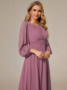 Elegant Chiffon Round Neck Lantern Sleeve Long Sleeve Light Pink Bridesmaid Dress, Suitable For Special Occasions, Galas, Wedding Guests, Etc., Winter Women's Clothing - Dusty Pink - View 3