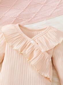 SHEIN Baby Girl Cute And  Ruffle Bodysuit With Checkered Bowknot Pants Set, Spring/Fall, With Headband - Multicolor - View 4