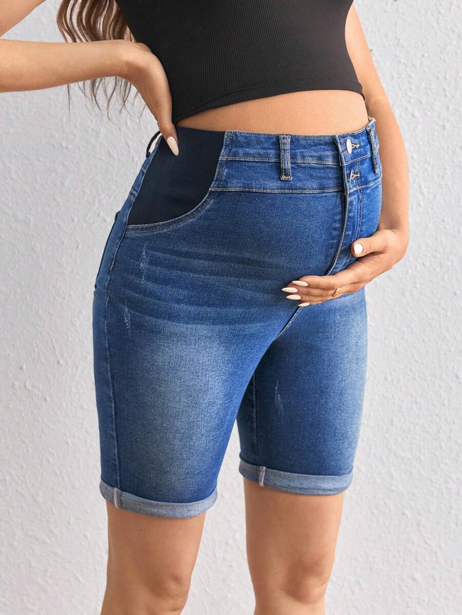 SHEIN Maternity Skinny Stretch Denim Capri Shorts With Rolled Hem, Blue - Blue - View 1