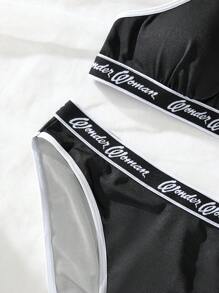 DC Women Core X SHEIN Women's Black Printed Letter Graphic Contrast Binding Bra & Panty Set Lingerie Set Sports - Multicolor - View 4