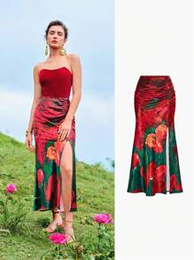 MOTF X MARIA-VICTORIA CHECA FLORAL PRINT RUCHED SPLIT THIGH SKIRT