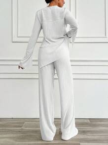 EURMUSE Women's Solid Color Simple Daily Long Sleeve Top And Long Pants 2pcs/Set - White - View 2