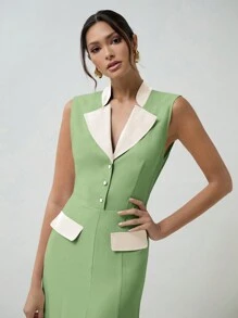 COSMINA 撞色女式礼服，鱼尾立领，连衣领，无袖设计