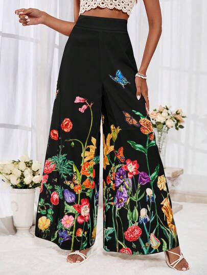SHEIN VCAY Pantaloni a vita alta con stampa floreale e zampa d'elefante, adatti per le vacanze