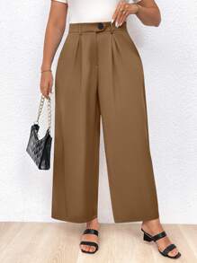 Calvaya Pantalones Rectos Casuales Con Pliegues De Color Sólido De Talla Grande - Bronce - Ver 3