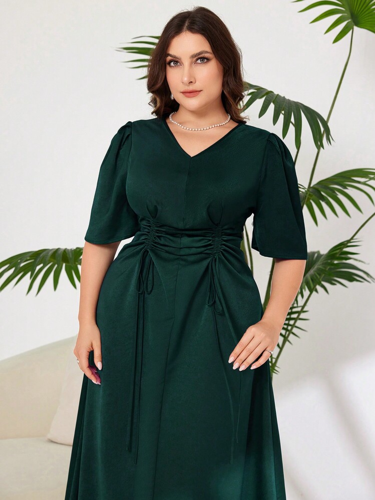 Modelyn Plus Size Cổ Chữ V Tay Ngắn Màu Trơn Váy Mùa Hè Nữ - Màu xanh lá cây đậm - Xem 5